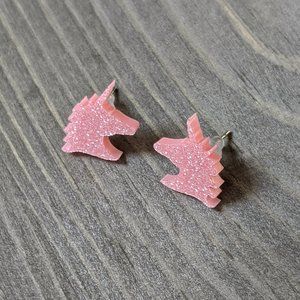Sparkly Acrylic Light Pink Unicorn with Light Pink Glitter Stud Earrings